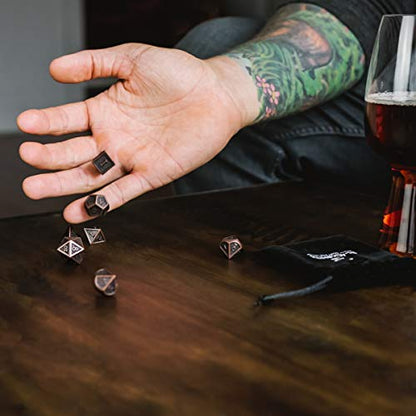 HEIMDALLR Metal DND Dice Set 7pcs - Indestructible Metal Dice Set w/Dice Bag; D&D Dice Set D&D (Dungeons and Dragons Dice Set) w/ D20 Dice - Blacksmith Craft Dice (Weathered Bronze) - color: 01 Burnished Bronze