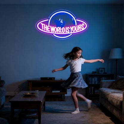 The World is Yours Neon Sign, Led Neon Light Signs for Game Room Wall Decor Gaming Planet LED Light up Sign Lamp for Man Cave Party Bedroom Bar Birthday Gamer Gift Dimmable USB Powered(16.2"*9.5") - style: The World 1