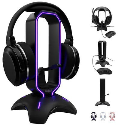 Gaming Headset Stand | RGB Headphone Stand for Desk with Mouse Bungee and USB Hub (Cool and Clean Setup) Gaming Headset Holder - Perfect Gamer Gift Accessory - color: Black