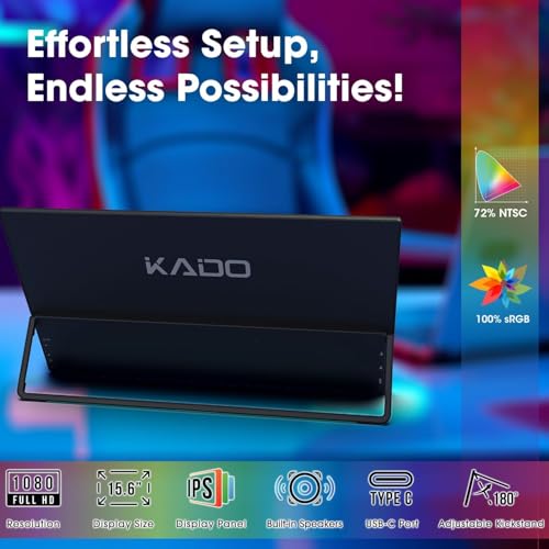Kado 15.6" 1080p 75Hz Portable Monitor for Laptop, 100% sRGB Second Display | FHD 45W Reverse Charge HDMI USB-C IPS Laptop Screen Extender, 180° Kickstand for PC, Mac, Dex, Tablet, Xbox, PS4/PS5, Switch - style: FHD 100% sRGB