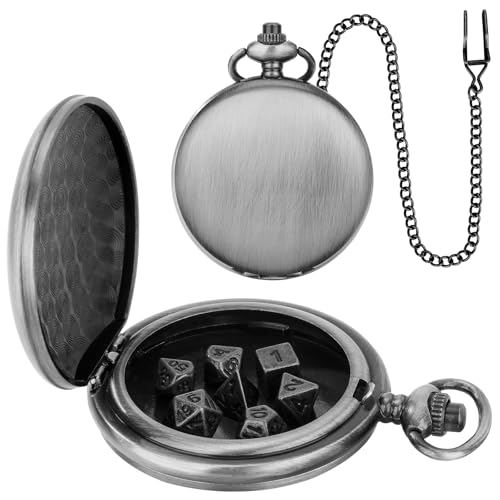 Mini DND Dice Set with Smooth Pocket Watch Shell Case, 7pcs Polyhedral Metal D&D Dice Accessories, DND Gifts with Box for Player, Role Playing Board Games Accessories, DND Gifts, Dark Silver - color: Dark Silver