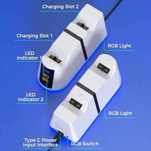 IINE Dual Charging Station for PS5 Controller, PS5 Charging Dock Stand with RGB Lights & LED Battery Indicators & Charging Cable