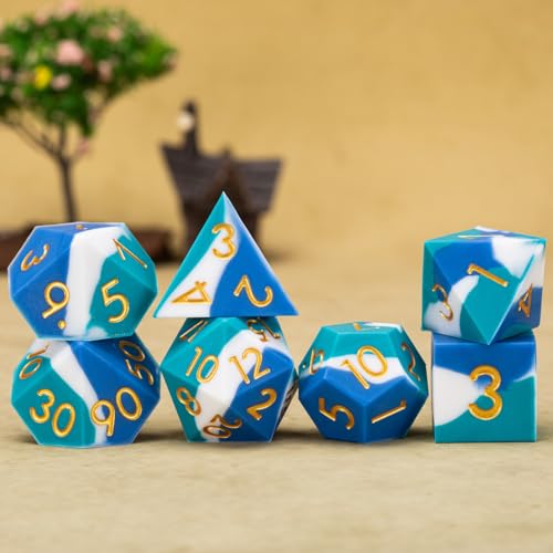 DND Silicone Rubber Polyhedral Dice,Sharp Edges D&D Dice Set 7pcs (D4, D6, D8, D10, D12, D20, D%) for Dungeons and Dragons, RPG, MTG for Ages 15 and Up - color: Royal Blue White Sky Blue