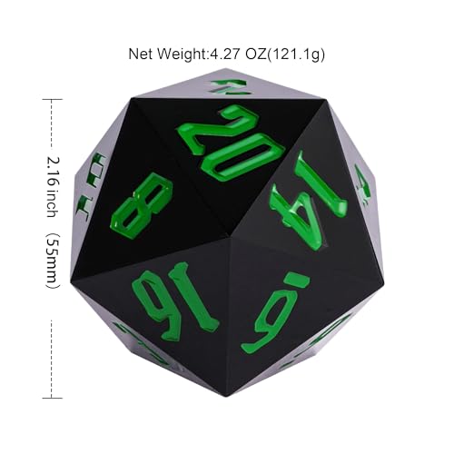 55mm 20 Sided DND Dice, Giant D20 D&D Polyhedral Dice Large D20 with Die Gift Box for Dungeons and Dragons, RPG Table Games (Black/Green Numbers) - color: Black/Green Numbers