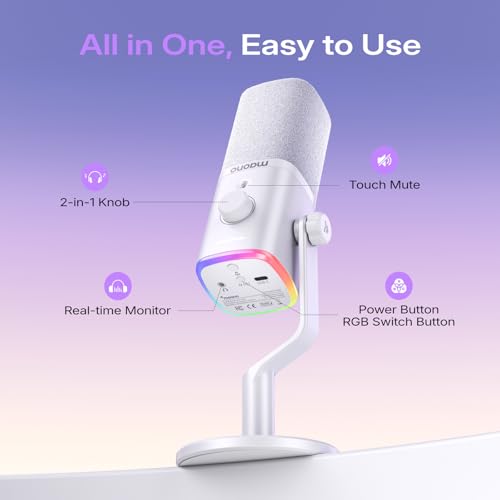MAONO PD100W Wireless USB Dynamic Microphone, Gaming PC Mic with One-Click Noise Reduction,Mute Button,Custom RGB,3.5mm Headphone Jack,Software, Podcast Streaming Mic (Desktop(USB-C Receiver), White) - color: White