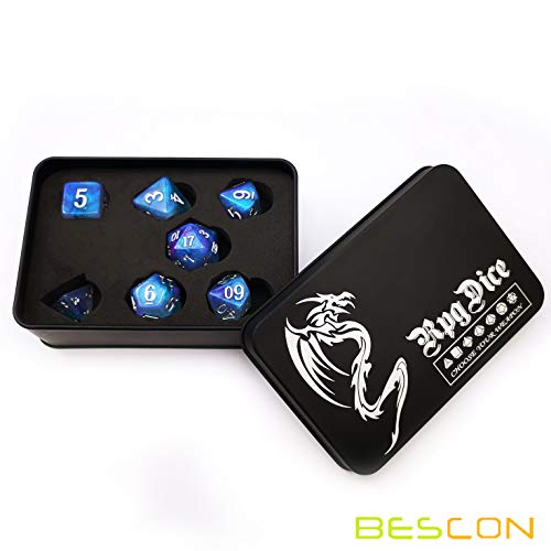 Bescon Magical Stone Dice Set Series, 7pcs Polyhedral RPG Dice Set Dragon Eyes, Black Tinbox Packing - color: Dragon Eyes in Tinbox