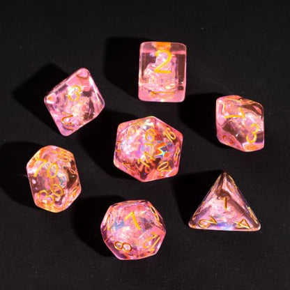 UDIXI DND Dice Set Pink Polyhedral Dice Set Sparkling Inclusions for D&D | Resin Material, Velvet Storage Bag, DM Gift, for Dungeons and Dragons Role Playing Games Tabletop Games - color: Pink