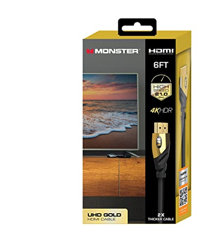 Monster 6 ft UHD Gold HDMI Cable, Supports 4K Resolution, Speeds of 60 Hz and 21 Gigabytes per Second, Compatible with OLED and QLED TVs
