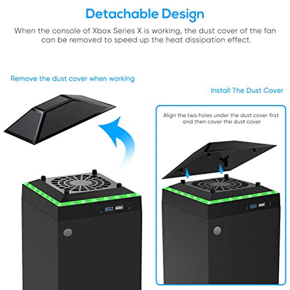 MENEEA Cooling Fan Dust Proof for Xbox Series X Console with Colorful Light Strip, Charging Stand with Cooling Fan for Xbox Series X Console and Controller