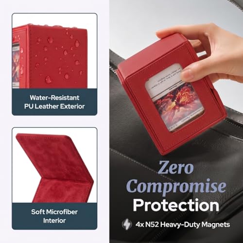 Commander Deck Box MTG 100 Card Holder with Display Window Red | PU leather, 4 N52 magnets, fits 100 double-sleeved cards, display window, durable, portable, secure closure - color: Red, size: 110+