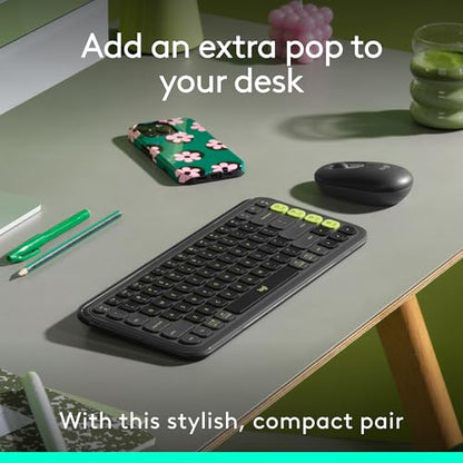 Logitech POP ICON Combo, Wireless Bluetooth Keyboard and Mouse, Comfortable Typing, programmable Keys and Buttons, Quiet clicks, Easy-Switch up to 3 Devices - Graphite and Lime - color: Graphite Lime, style: Combo