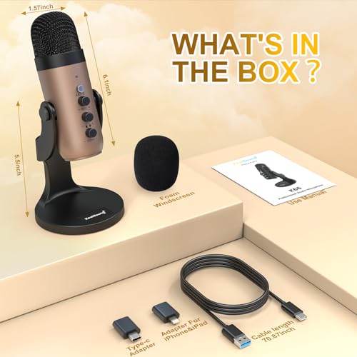ZealSound Podcast Microphone for PC, Noise Cancellation USB Mic with Gain, Volume Adjustment & Mute Button, Monitoring & Echo, for YouTube, TikTok, Podcasting, Streaming, iPhone, iPad, Android, Mac - color: Gold