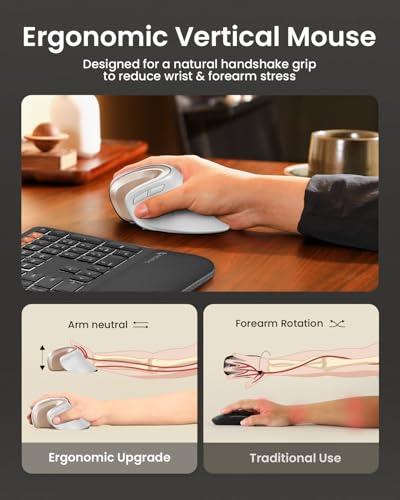 ProtoArc EM11 NL Wireless Ergonomic Mouse, Rechargeable, White Gold | 58° vertical design supports a natural wrist posture, connect 3 devices via Bluetooth/2.4G USB-A, 500mAh USB-C rechargeable. - color: White Gold