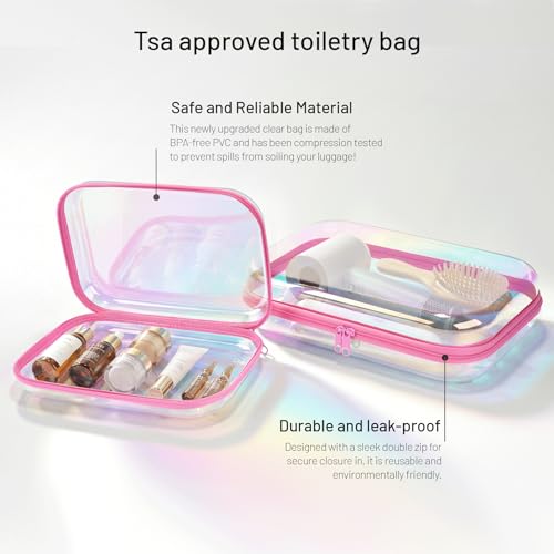 Clear Hard Shell Organizer Cases, 2 Pack | Iridescent PET shell with water-resistant, scratch-resistant surface for travel, toiletries, electronics and daily essentials - color: Pink Iridescent