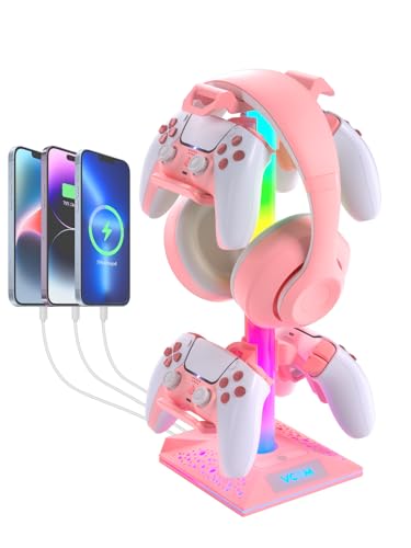 VCOM RGB Gaming Headphones Stand with 2 USB Ports, Pink Headset Stand with 10 Light Modes and Non-Slip Rubber, Suitable for PC Desk Accessories Gamers Gift(Pink) - color: Pink