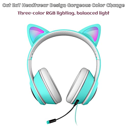 Cat Ear Gaming Headphones Wired AUX 3.5mm with LED Light, VIGROS Flashing Stereo Game Headphones Surround Sound Over-Ear Headsets with Microphone Fit Kids & Adult for PC, PS4, Switch, Mobile, Laptop - color: Light Blue