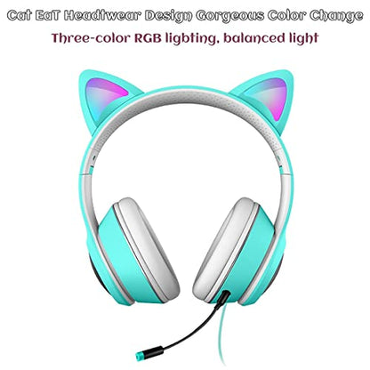 Cat Ear Gaming Headphones Wired AUX 3.5mm with LED Light, VIGROS Flashing Stereo Game Headphones Surround Sound Over-Ear Headsets with Microphone Fit Kids & Adult for PC, PS4, Switch, Mobile, Laptop - color: Light Blue