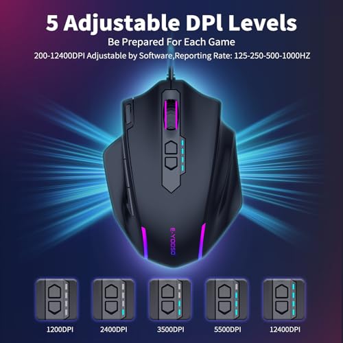 E-YOOSO Wired Large Gaming Mouse, RGB Backlit, 5 Macro Side Buttons, 200-12400 DPI, 11 Programmable Buttons, Rapid Fire Button, Adjustable Weights, Software Supports, Ergonomic for PC/Mac, Black