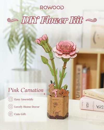 rowood 3D Puzzle Wood Flower,DIY Artifical Flower Building Set Craft Kit for Women,Mother's Day/Valentine's Day/Teacher's Day/Thanksgiving/Christmas/Birthday Gift -Pink Carnation - style: Pink Carnation