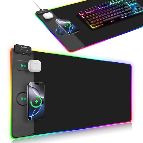 Wireless Charging Mouse Pad, RGB Gaming Desk Mat, 31.5"x15.7" | Large Desk Pad, 13 Light Modes, Ultra-Smooth Surface, Non-Slip Base, Waterproof Computer Keyboard Mat for PC, Laptop, Black - color: Black