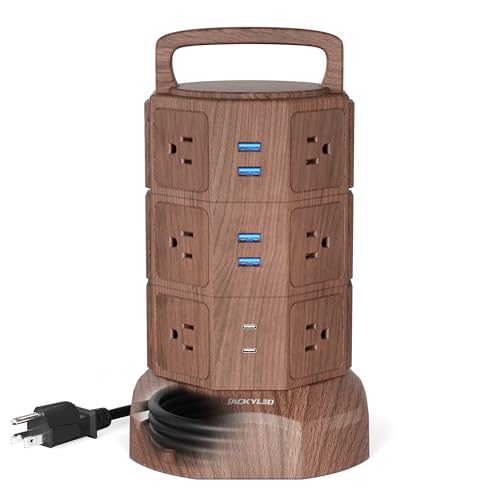 JACKYLED Power Strip Tower Surge Protector with 6.5ft Extension Cord 6 USB Ports and 12 AC Outlets Electric Charging Station for Home Office Dorm Desktop Computer Walnut and Black - color: Walnut and Black, size: Medium-6.5ft