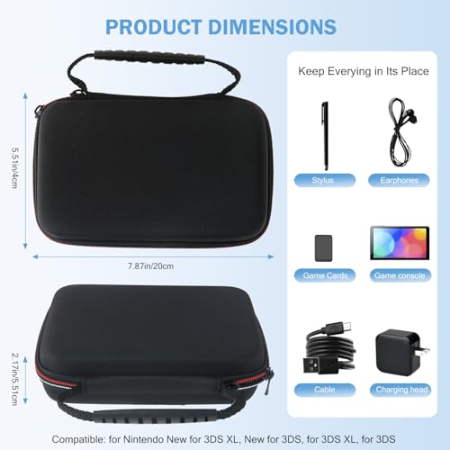 Carrying Case for N*intendo New 3DS XL with Unique Handle Design, Hard-Wearing Nylon Travel Pouch with Mesh Zipper Pocket for Accessories, Soft Microfiber Lining, Holds 16 Game Cartridges - Black