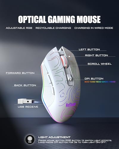 RedThunder K75 Wireless Keyboard and Mouse Combo,75% Membrane Side-Engraved Keyboard,Optical Gaming Mouse with 4800DPI,3 Modes(BT/2.4G/Wired),Dual System,RGB Backlit,Rechargeable Battery,Contour White - color: White Contour Line