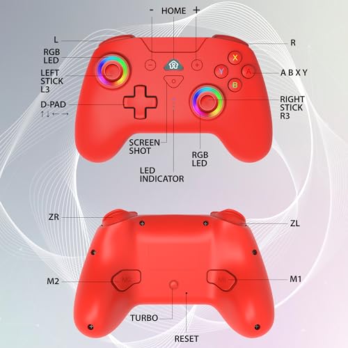 SUBSONIC - Switch and Switch 2 Wireless Controller - LED Pro controller Red | Pro Controller Gamepad for Nintendo Switch 2 and Nintendo Switch, Ergonomic, Programmable LED, Vibration Function, Gyroscope - color: Red