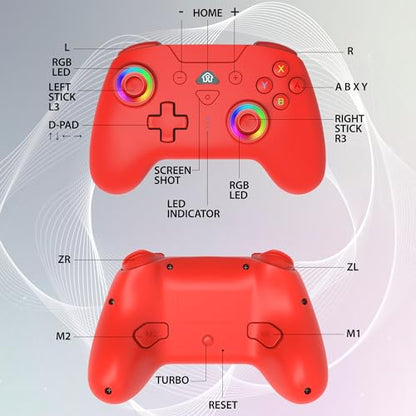 SUBSONIC - Switch and Switch 2 Wireless Controller - LED Pro controller Red | Pro Controller Gamepad for Nintendo Switch 2 and Nintendo Switch, Ergonomic, Programmable LED, Vibration Function, Gyroscope - color: Red
