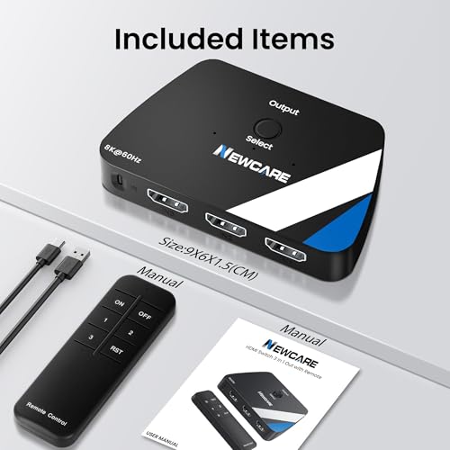 NEWCARE 8K HDMI Switch 3 in 1 Out, HDMI 2.1 Switch with Remote, HDMI Splitter 4K@120Hz Support 8K@60Hz HDCP2.3 HDR10+ VRR ALLM Dolby, HDMI Switcher Compatible with TV PS5/4 Xbox Laptops PC Projector