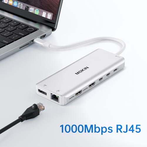 USB C Laptop Docking Station Dual Monitor Dual HDMI 4K DP Triple Display Hub, 13 in 1 MOKiN USB C Hub with 3 Monitors, DisplayPort, USB 3.1, RJ45, 100W PD, Card Reader, Audio/Mic, for Dell HP, Sliver