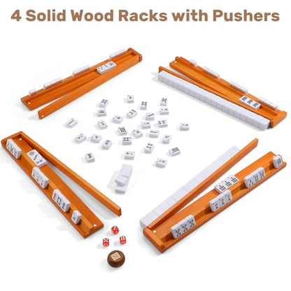 American Mahjong Tile Set, 166 White Tiles & 4 All-in-One Wooden Racks with Pushers, Mah Jongg Game Sets with Red Mahjong-Themed Carrying Bag - color: Red