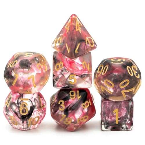 UDIXI Resin DND Dice Set 7PCS Polyhedral D&D Dice for Role Playing Games | Red Black Colors, Dreamy Effect, Velvet Dice Bag Packaging, for Dungeons and Dragons Role Playing Games and Tabletop Games - color: S-red and Black