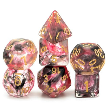 UDIXI Resin DND Dice Set 7PCS Polyhedral D&D Dice for Role Playing Games | Red Black Colors, Dreamy Effect, Velvet Dice Bag Packaging, for Dungeons and Dragons Role Playing Games and Tabletop Games - color: S-red and Black