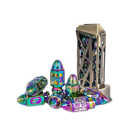 UDIXI Metal DND Bullet Dice Set, Polyhedral Bullet Metal Dice Set Rainbow | 7PCS, Cool Style, Magazines Container and PU Leather Bag, for D&D Dungeons and Dragons Role Playing Games and Tabletop Games - color: Colorful