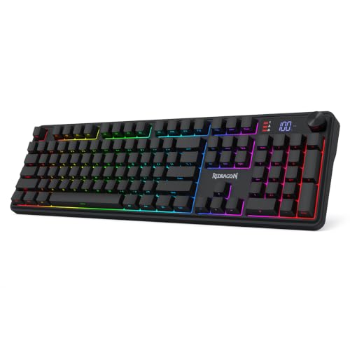 Redragon K526 PRO RGB Wireless Membrane Gaming Keyboard, 104 Keys Mechanical-Feel Keyboard w/LED Info Display, Media/Backlit Knob Control, Linear Switch & Software Supported (Side Printed Font) - color: Black (Side Printed)