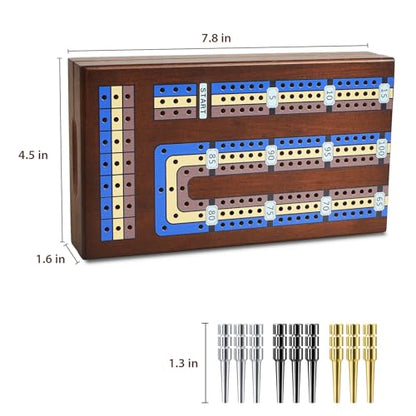 ELONGDI Foldable Wooden Cribbage Board Game Set, Portable Travel 3 Track Cribbage Board with Magnetic Closure,9 Metal Pegs,A Deck of Cards - Family Board Games for Kids and Adults
