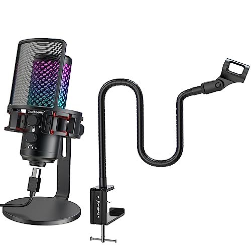 ZealSound Gaming USB RGB Microphone BKD-12a and 19inch gooseneck Flexible Microphone arm Stand H19