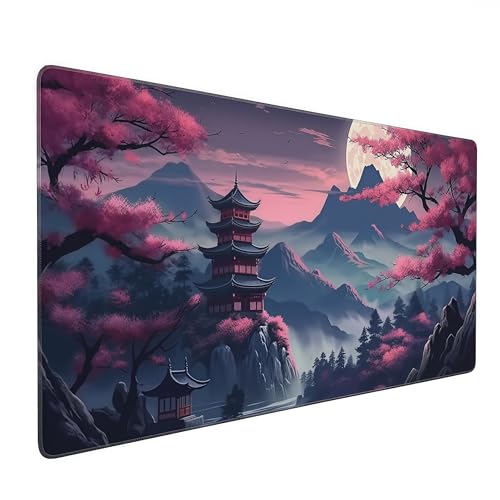 Japanese Landscape Gaming Mouse Pad, 35.4 x 15.7 inches, Extended Desk Mat with Non-Slip Base, Cherry Blossom Design - color: Pink Mountain Night View