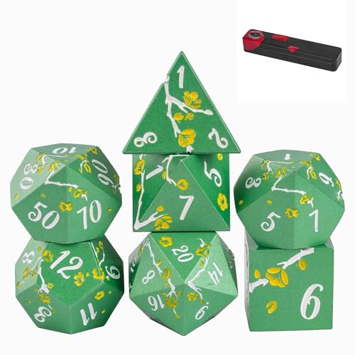 UDIXI DND Metal Dice Set Green, Flower Solid Metal RPG Dice Set for D&D | Yellow Flower, Metal Case Packaging, Heavy Metal Dice, D&D Gift, for Dungeons and Dragons Role Playing Games Tabletop Games - color: Green-white