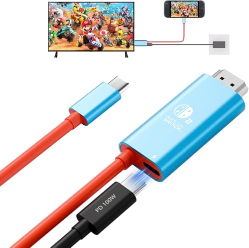 Switch 2 Portable Dock Cable, USB C to HDMI Cable with 100W PD Charging, 4K@60Hz HDR TV Dock Replacement for Switch 2/1/OLED, Plug & Play Travel Docking Cable for Monitor, Projector, TV(Blue&Red) - color: Blue&Red