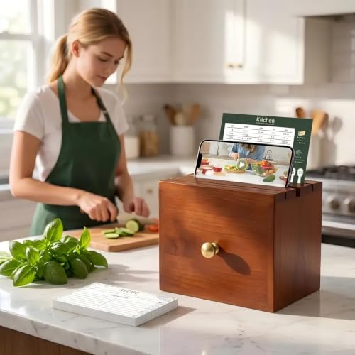 Pine Wood Recipe Box Set, Drawer Style with 100 4x6 Cards | Fits 3x5 and 4x6 cards for cooking, baking and preserving family recipes; a gift for weddings, housewarmings and holidays - color: Reddish Brown