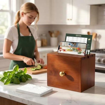 Pine Wood Recipe Box Set, Drawer Style with 100 4x6 Cards | Fits 3x5 and 4x6 cards for cooking, baking and preserving family recipes; a gift for weddings, housewarmings and holidays - color: Reddish Brown