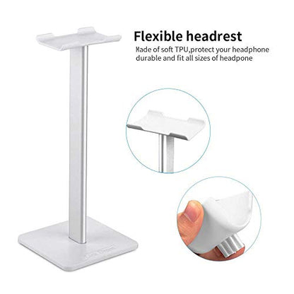 Headphone Stand Headset Holder Gaming Headset Holder with Aluminum Supporting Bar Flexible Headrest Anti-Slip Earphone Stand for All Headphones, White