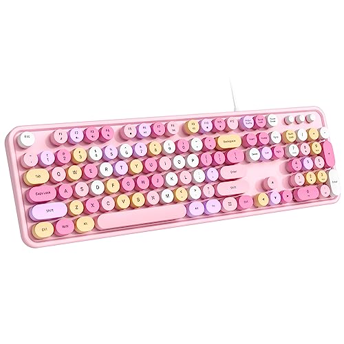 Dilter Wired Keyboard, 104 Keys Full-Sized Typewriter Keyboards, USB Plug and Play Office Keyboard with Number Pad, Caps Indicators, Foldable Stands for Windows, PC, Laptop (Pink Colorful) - color: Pink Colorful