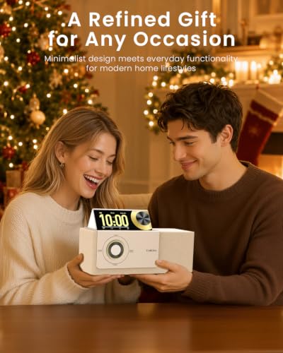 GoldJoy 7 in 1 Bluetooth Speaker Wireless Charging Station for Home Gift | Sound with Punchy Bass, Sunset Lamp & White Noise for Sleep, Smart Flip-Up LCD Display, Clock Syncs Phone's Time and Date - color: Beige