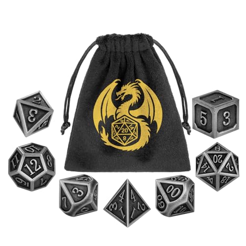 Metal Dice Set, 7pcs Polyhedral Metal DND Dice Set, DND Starter Set, D&D Gifts with Gift Bag, Role Playing Board Games Accessories, Silver - color: Silver + Gift Bag