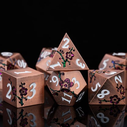 Glitter Purple DND Metal Dice, Flower DND Dice Set with Gift Case for Dungeons and Dragon,7PCS Solid Dice Tabletop Game (Antique Red Copper-Red) - color: Antique Red Copper-red