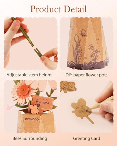 3D Flower Wooden Puzzles for Adults-Gerbera Daisy, DIY Wooden Flowers Model Kit Building Set Crafts for Adults to Build, Botanical Collection/Ideal Creative Gift Ideas/Housewarming (105PCS) - style: TW - Light Orange Daisy