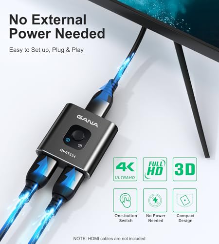 HDMI Switch 4k@60hz Splitter, GANA Aluminum Bidirectional HDMI Switcher 2 in 1 Out, Manual HDMI Hub Supports HD Compatible with Xbox PS5/4/3 Blu-Ray Player Fire Stick Roku - color: Black (No Cable)